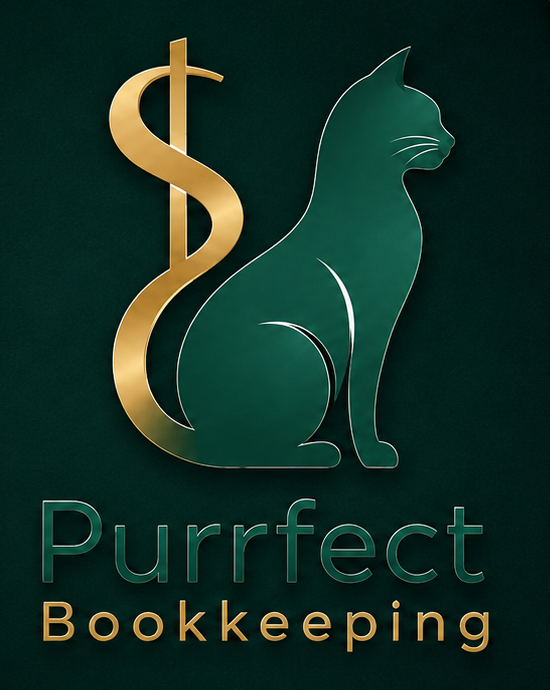 Purrfect Bookkeeping cat and dollar-sign emblem